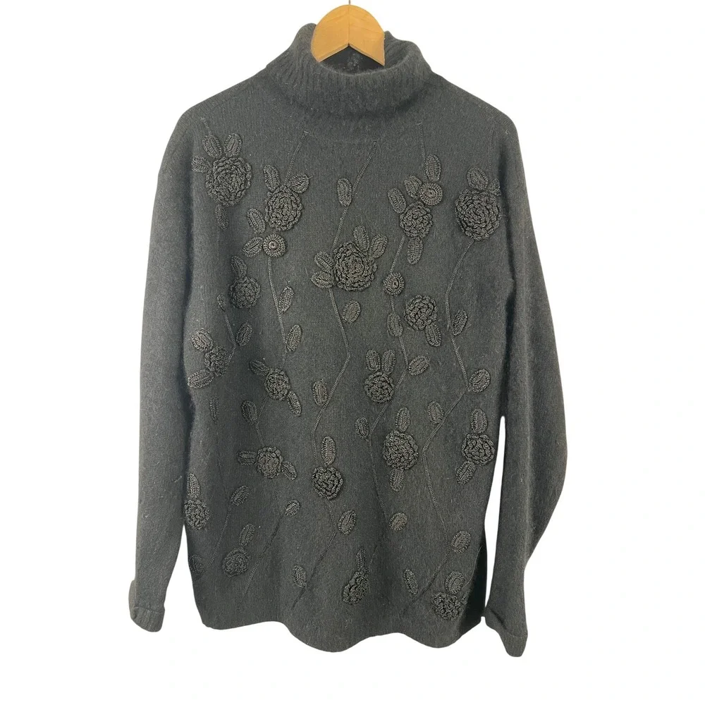 Rafaella Black Turtleneck Sweater Crochet Applique Angora Lambswool Blend Medium